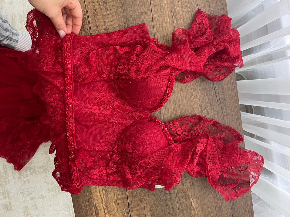 Kırmızı Uzun Kollu Bohem Nişan Elbisesi - Görsel 5