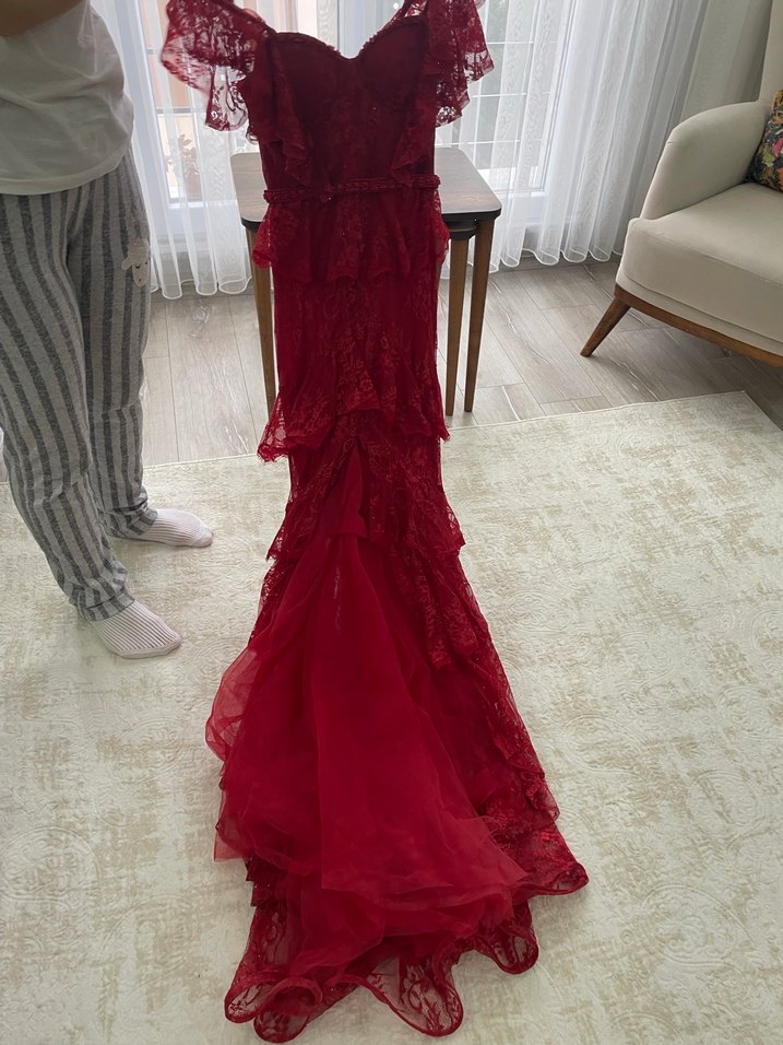 Kırmızı Uzun Kollu Bohem Nişan Elbisesi - Görsel 4