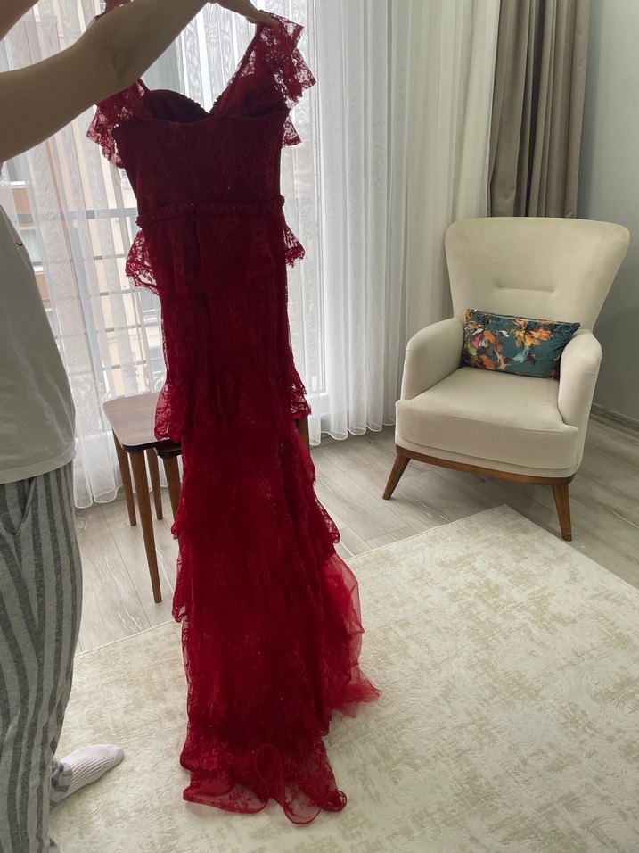 Kırmızı Uzun Kollu Bohem Nişan Elbisesi - Görsel 3