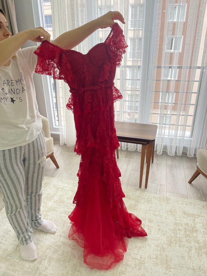 Kırmızı Uzun Kollu Bohem Nişan Elbisesi - Görsel 2