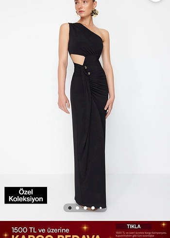 Tek Omuz Drapeli Siyah Uzun Elbise - Görsel 2