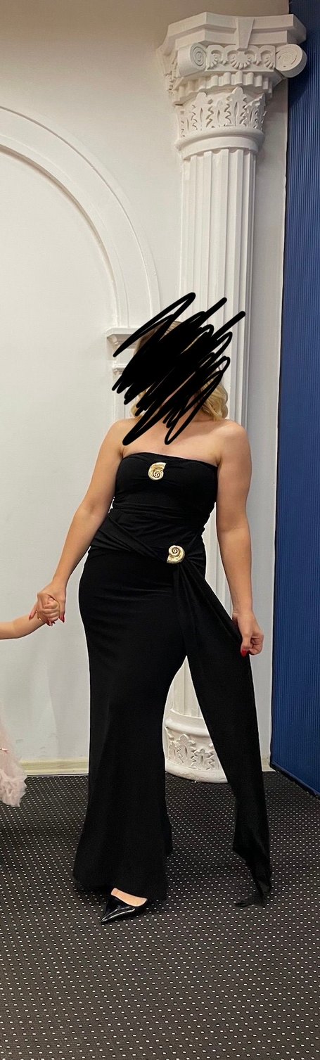 Siyah Straplez Uzun Drapeli Kadın Elbise - Görsel 4