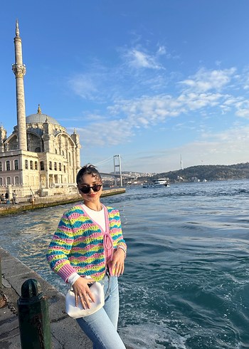 s Beden Zara Renkli Bağcıklı Örgü Mini Hırka