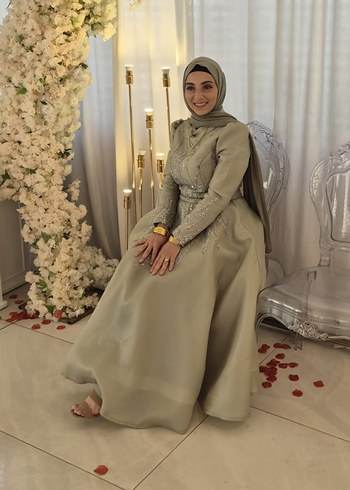 Mint Yeşili Nakışlı Uzun Kollu Abiye Elbise - Görsel 6