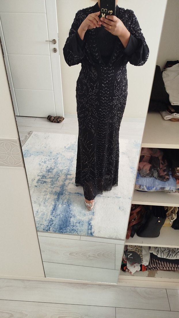 Siyah V Yaka Uzun Drapeli Abiye Elbise - Görsel 2