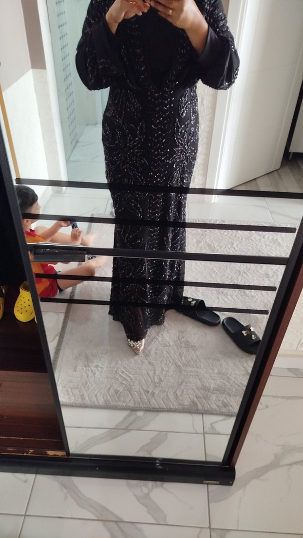 Siyah V Yaka Uzun Drapeli Abiye Elbise - Görsel 3