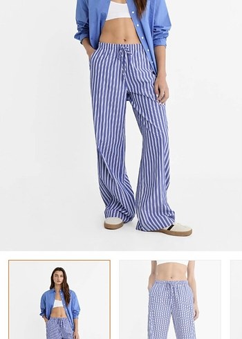 Stradivarius Mavi Çizgili Pamuklu Kadın Pantolon