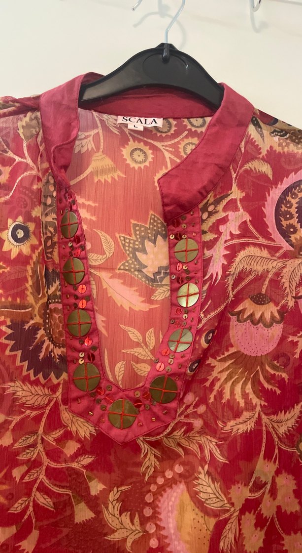 Kırmızı Desenli Bohem V Yaka Tunik - Görsel 3