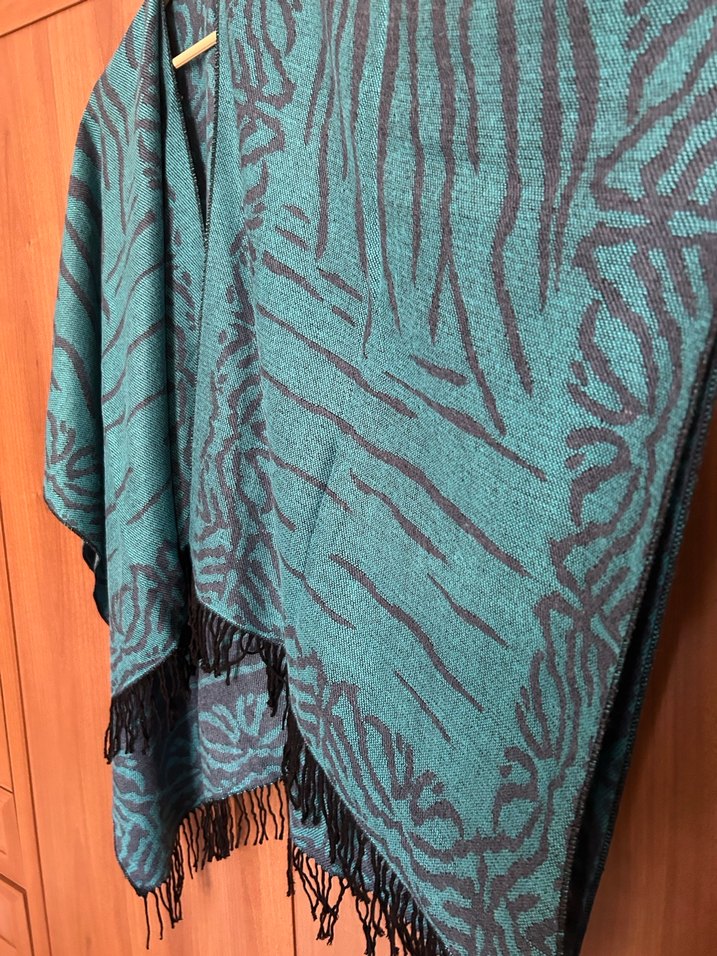 Gevşek Kesim Turkuaz Batik Desenli Bohem Kadın Panço - Görsel 3