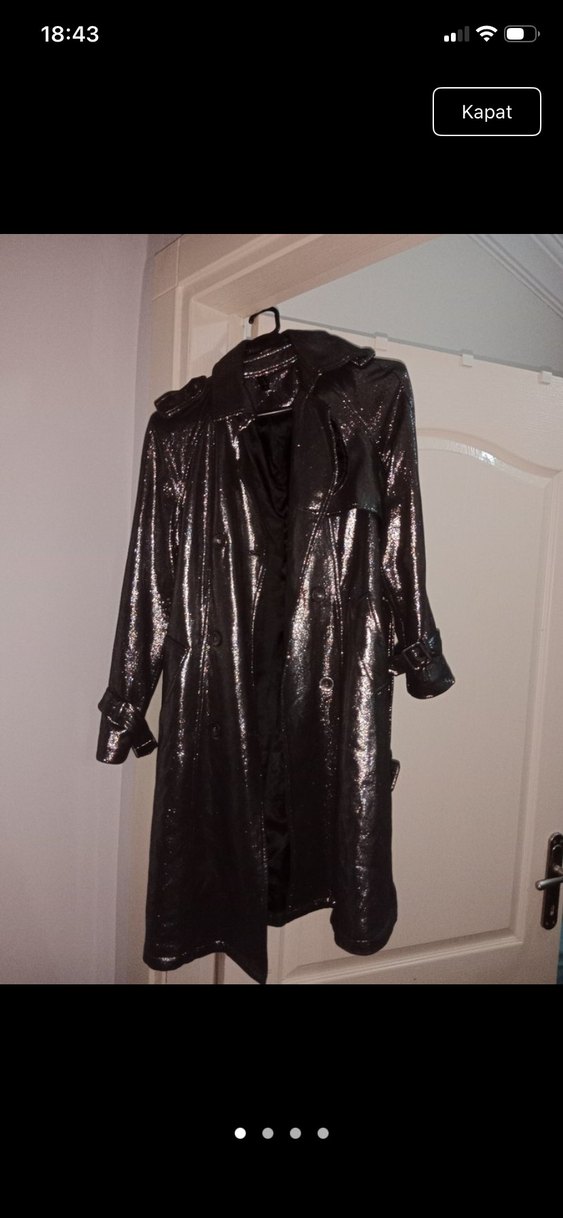 Siyah Parlak Yılan Desenli Trençkot - Görsel 2