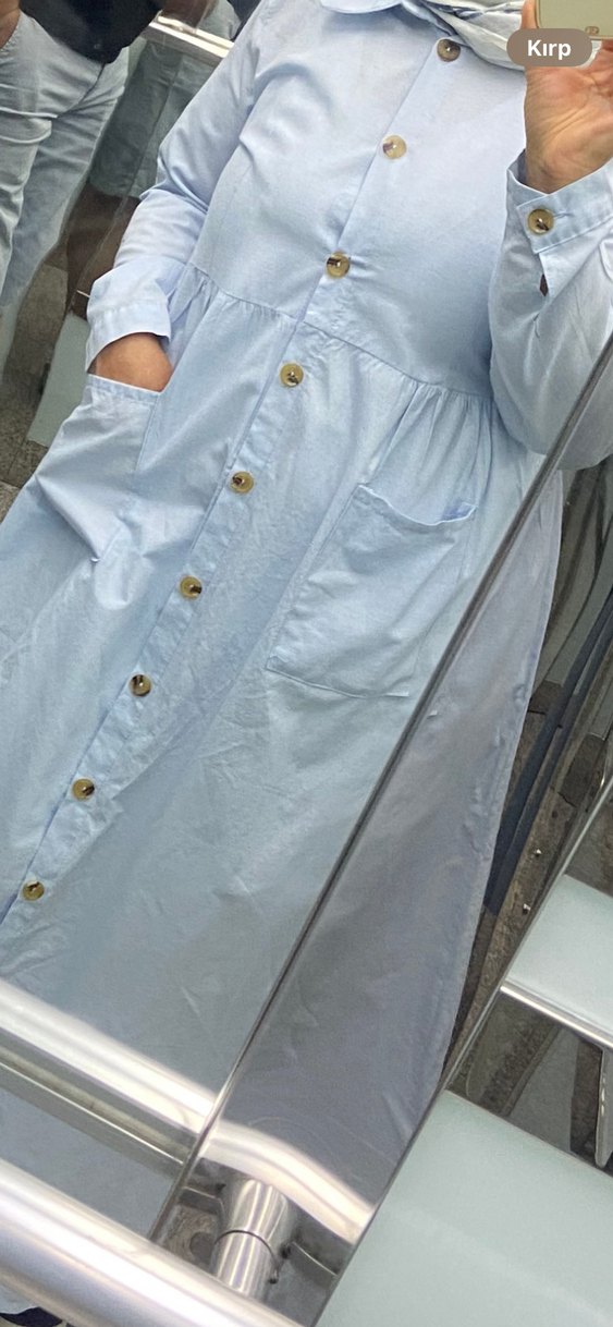 Mavi Bohem Düğmeli Uzun Keten Elbise - Görsel 3