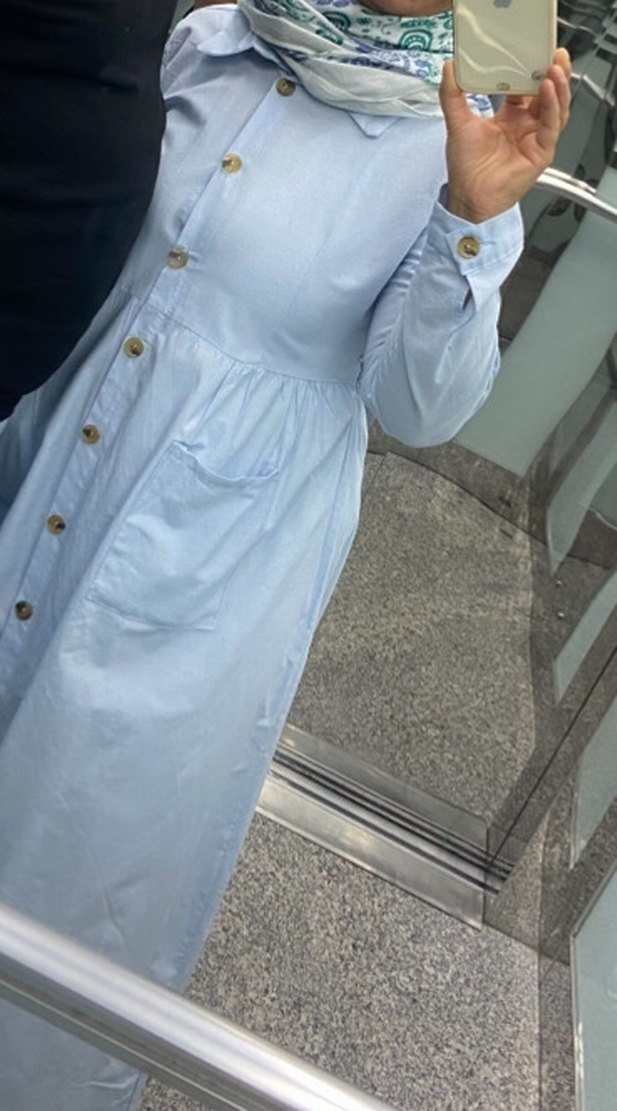 Mavi Bohem Düğmeli Uzun Keten Elbise - Görsel 2