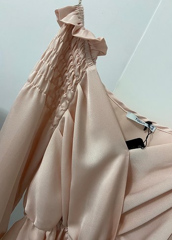 Drapeli V Yaka pudra Saten Bluz - Görsel 5