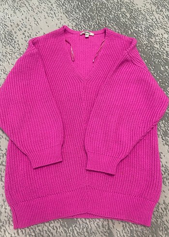 Pembe V Yakalı Örgü Kadın Kazak - Görsel 2