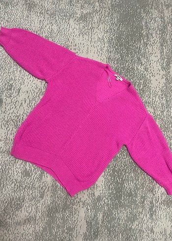 Pembe V Yakalı Örgü Kadın Kazak - Görsel 4