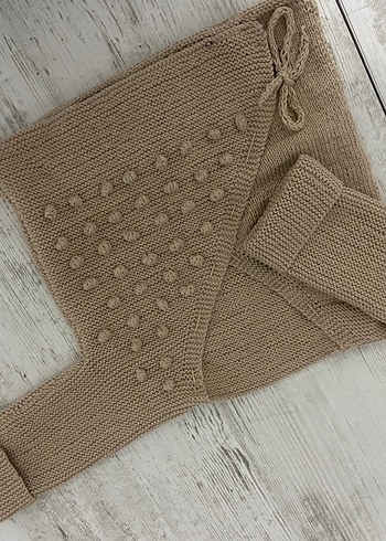 Bej Örgü Kız Çocuk Bohem Askılı Hırka - Görsel 3