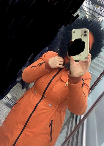 Uzun kiremit rengi Fermuarlı Kadın Kaban - Görsel 6