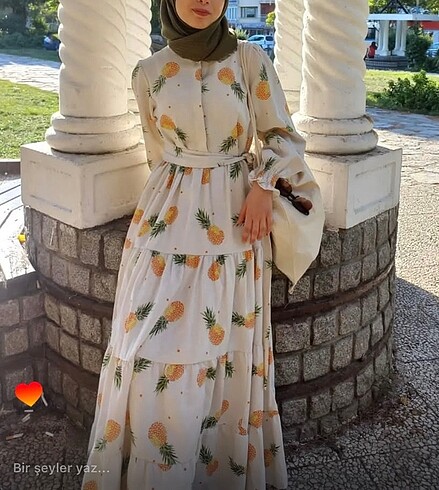 Ananas Desenli Tesettür Uzun Keten Elbise