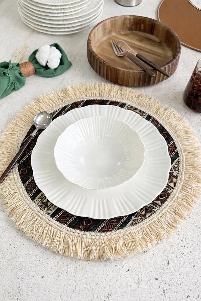 Bohem İşlemeli Beyaz Püsküllü Amerikan Servis supla - Görsel 5