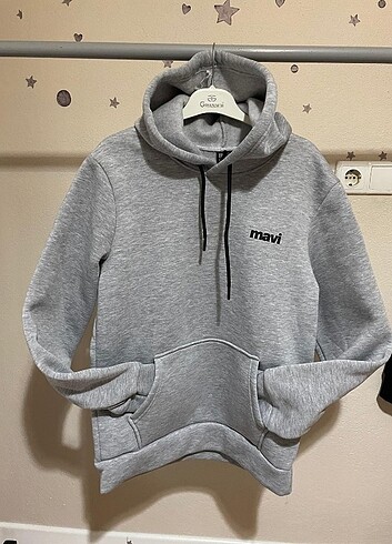 Mavi baskılı sweatshirt kapşonlu 