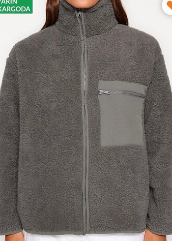 Gri Peluş Kadın Ceket Yüksek Yaka - Görsel 2