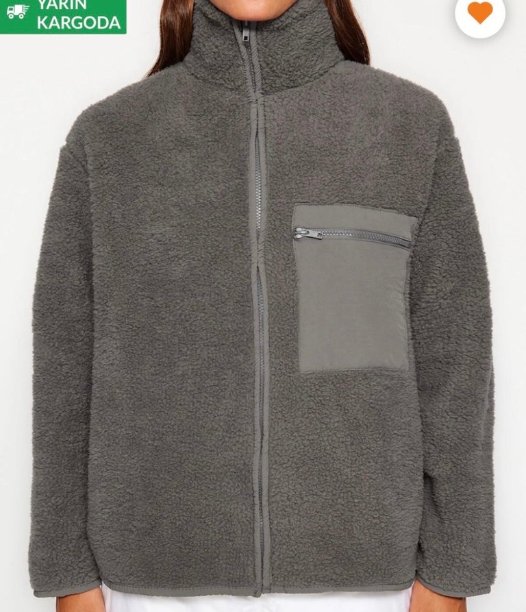 Gri Peluş Kadın Ceket Yüksek Yaka - Görsel 2