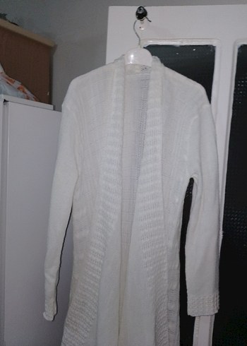 Uzun Beyaz  Örgü Kadın Hırka - Görsel 5