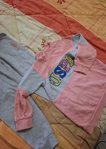 USPA Pembe Baskılı Kız Sweatshirt ve Gri Eşofman Takımı - Görsel 6