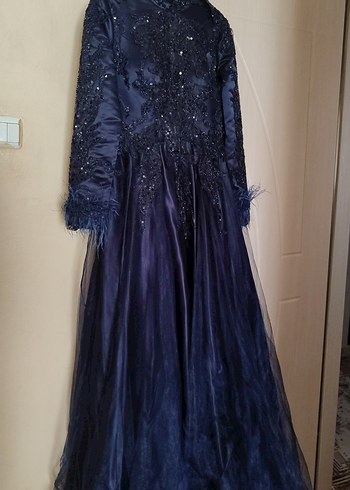 Abiye Lacivert Uzun Kollu Nakışlı Gotik Abiye
