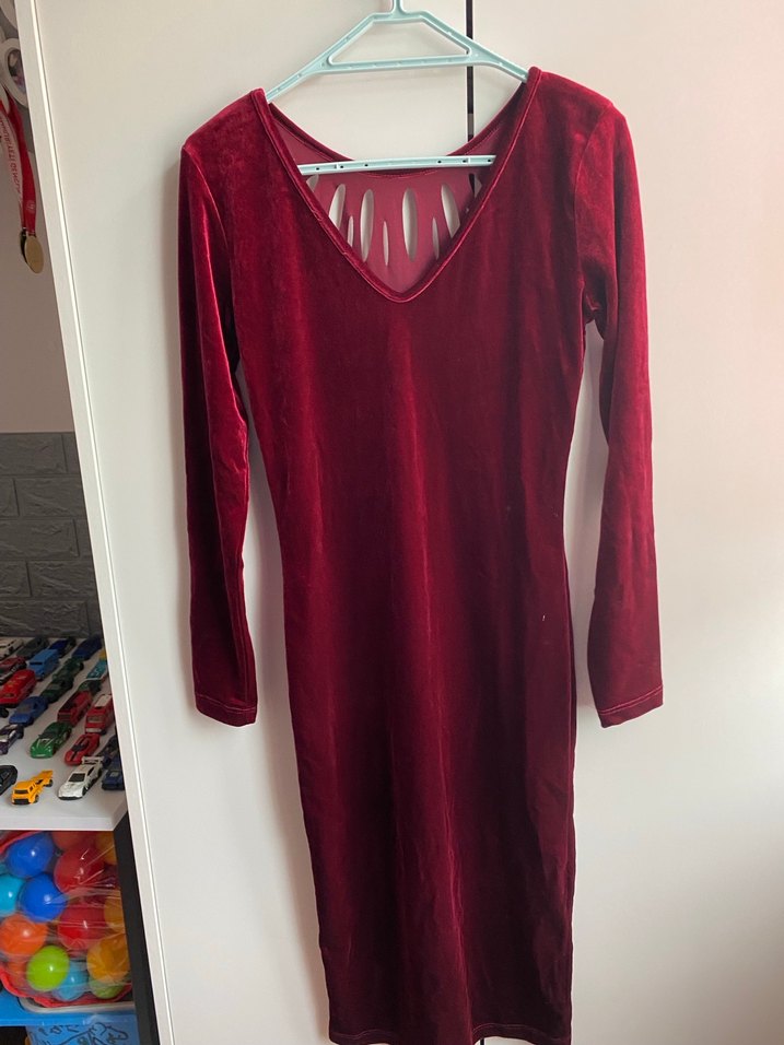 Bordo Kadife Elbise - Görsel 4