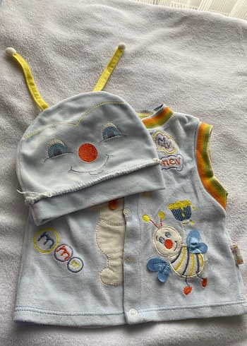Erkek bebek  Nakışlı Kolsuz Triko Yelek ve Şapka - Görsel 2