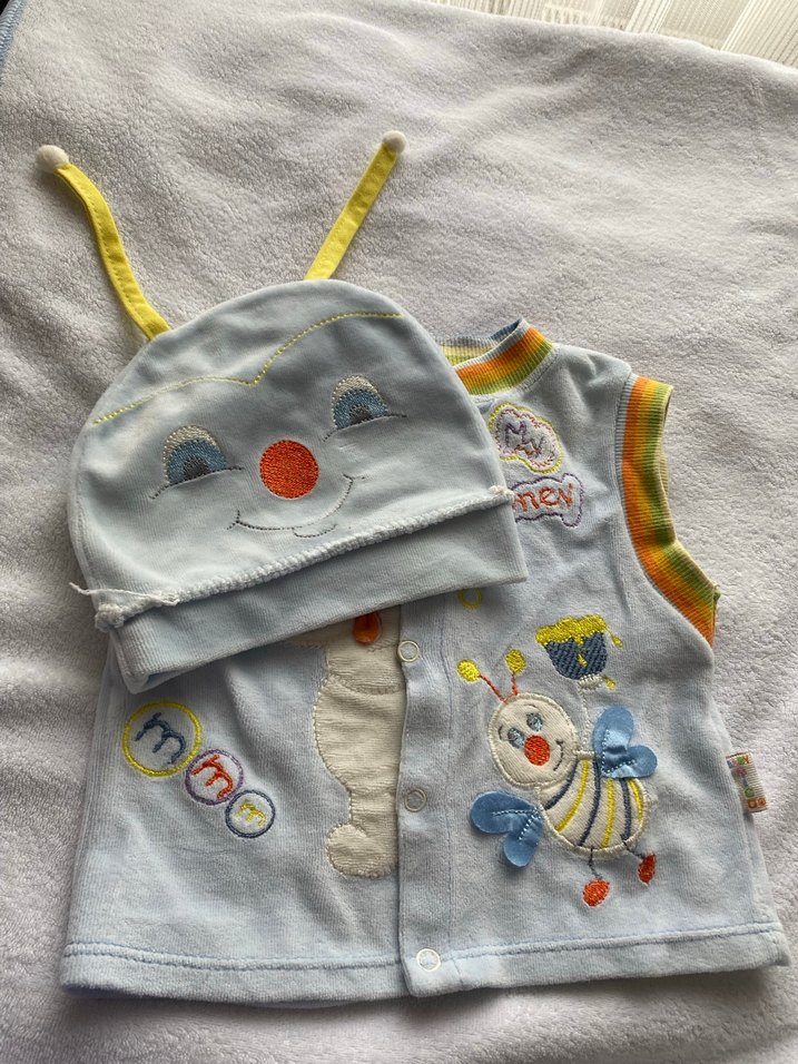 Erkek bebek  Nakışlı Kolsuz Triko Yelek ve Şapka - Görsel 2