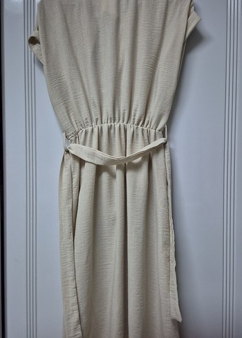 Bej Kolsuz Uzun Keten Elbise - Görsel 3