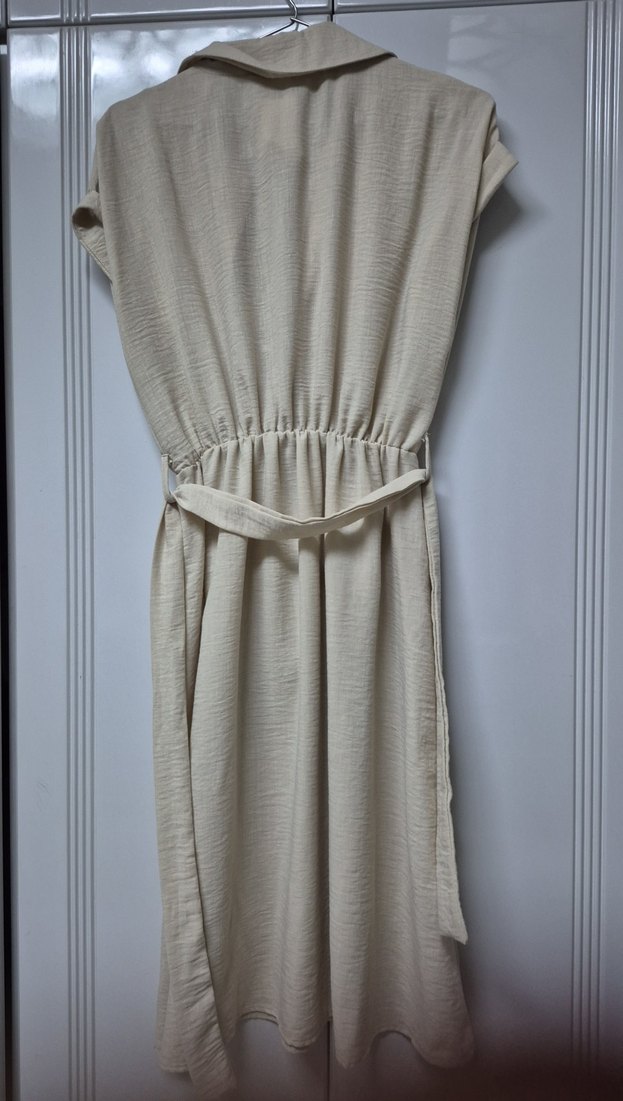 Bej Kolsuz Uzun Keten Elbise - Görsel 3