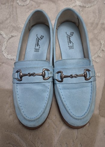 Mavi süet tokalı kadın loafer ayakkabı - Görsel 2