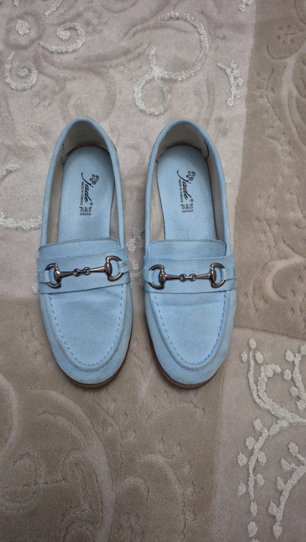Mavi süet tokalı kadın loafer ayakkabı - Görsel 3
