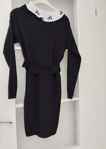 Nakışlı Yaka Detaylı Siyah Triko Elbise - Görsel 6