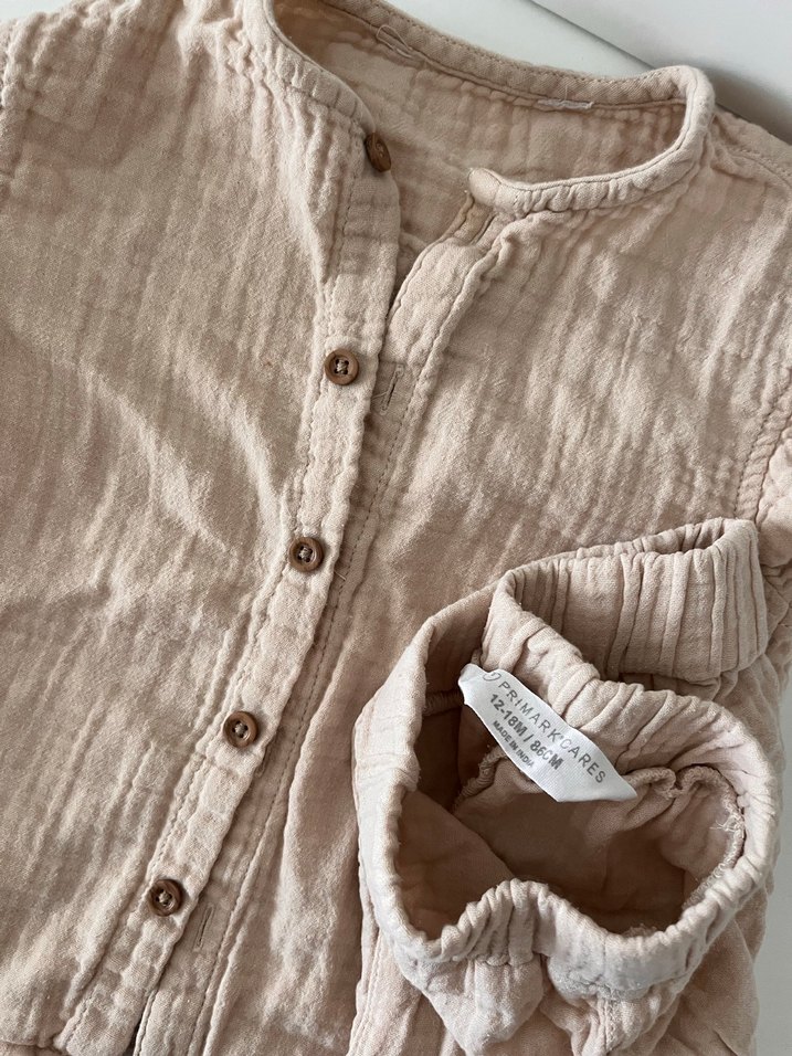 Bej Müslin Erkek Bebek Kısa Kollu Takım - Görsel 2