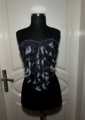 Straplez Fırfırlı Mini Denim Bustiyer - Görsel 2