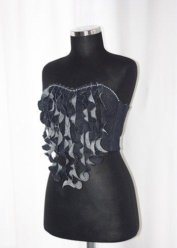 Straplez Fırfırlı Mini Denim Bustiyer - Görsel 4