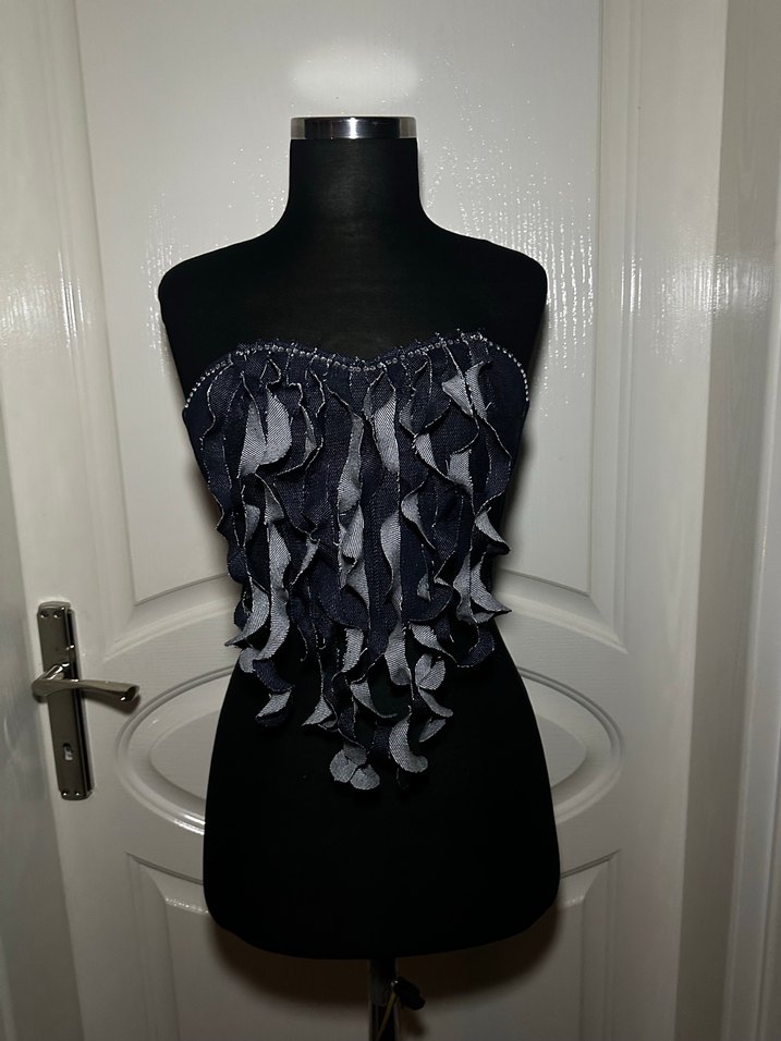 Straplez Fırfırlı Mini Denim Bustiyer - Görsel 2