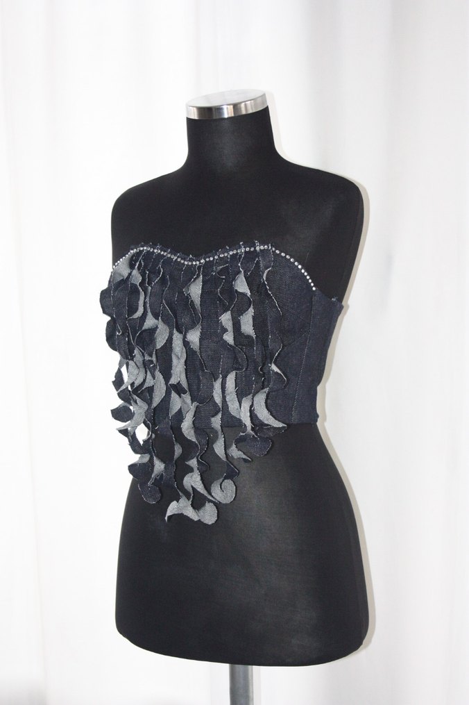 Straplez Fırfırlı Mini Denim Bustiyer - Görsel 4