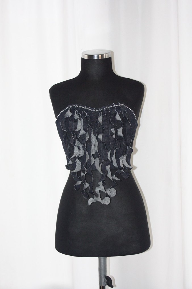 Straplez Fırfırlı Mini Denim Bustiyer - Görsel 3