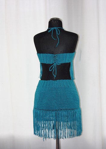 Turkuaz El Örgüsü Büstiyer ve Etek - Görsel 3