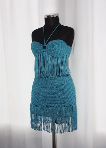 Turkuaz El Örgüsü Büstiyer ve Etek - Görsel 2