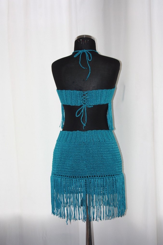 Turkuaz El Örgüsü Büstiyer ve Etek - Görsel 3