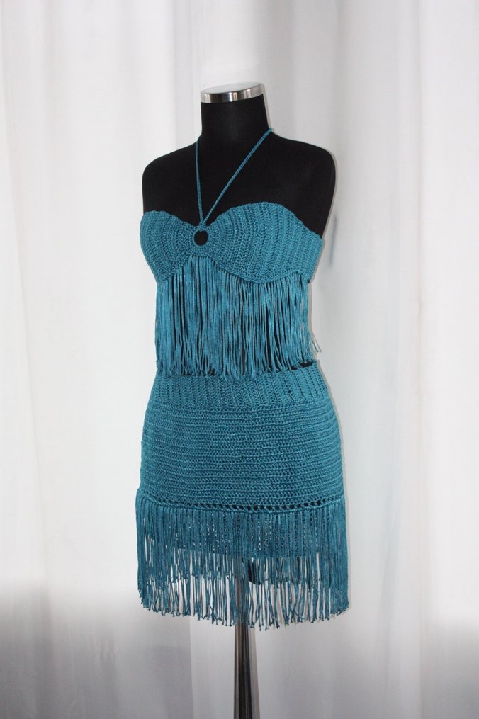 Turkuaz El Örgüsü Büstiyer ve Etek - Görsel 2