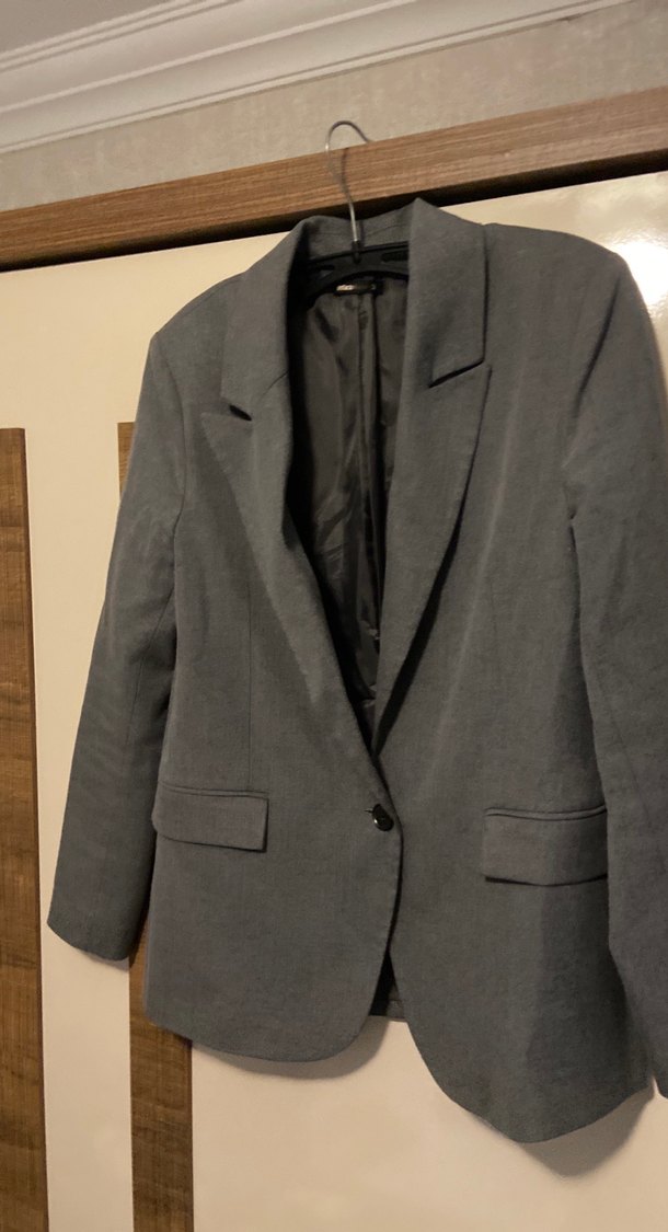 Gri Keten Kadın Ceket, Düğmeli, Ofis Şıklığı - Görsel 2
