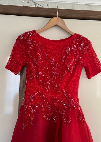 Kırmızı Boncuk İşlemeli Uzun Abiye Elbise - Görsel 2