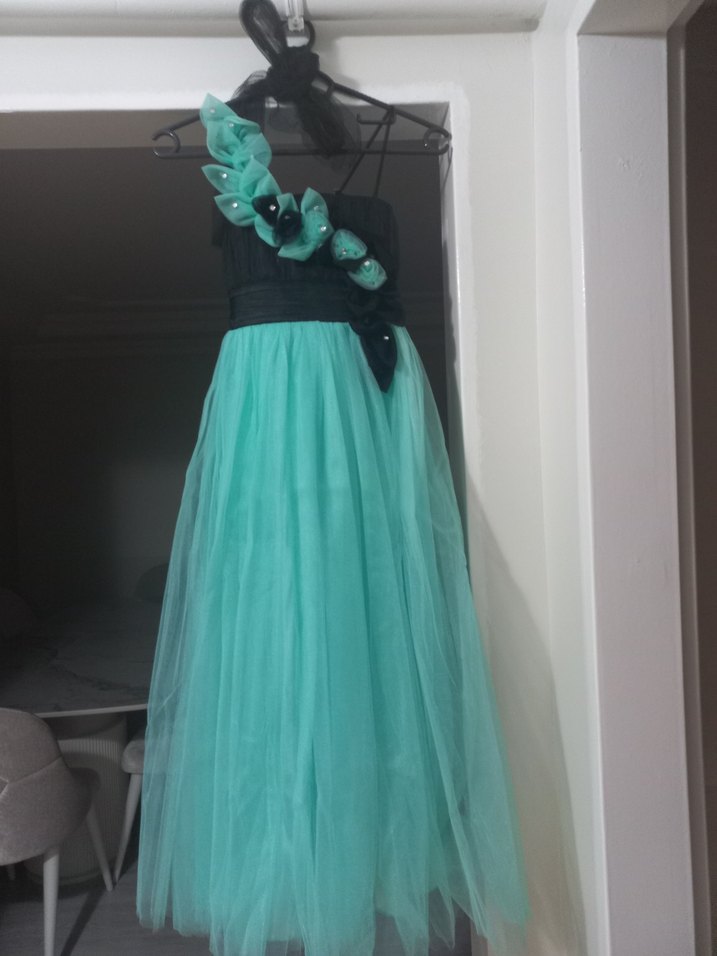 Önü Drapeli Uzun Turkuaz Abiye Elbise - Görsel 3